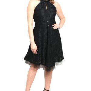 NWT Plus 1X Sequin Tulle Party Dress Choker Halter Black Formal Prom Holiday